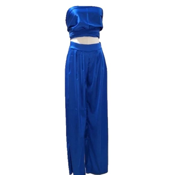 SHEIN M, SATIN BLUE FULD'S PANTS - Picture 1 of 8
